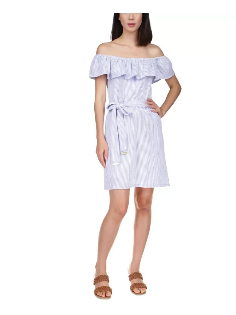 Michael Kors Stripe Ruffled Off-The-Shoulder Mini Dress Blue Petite Size Ps $140